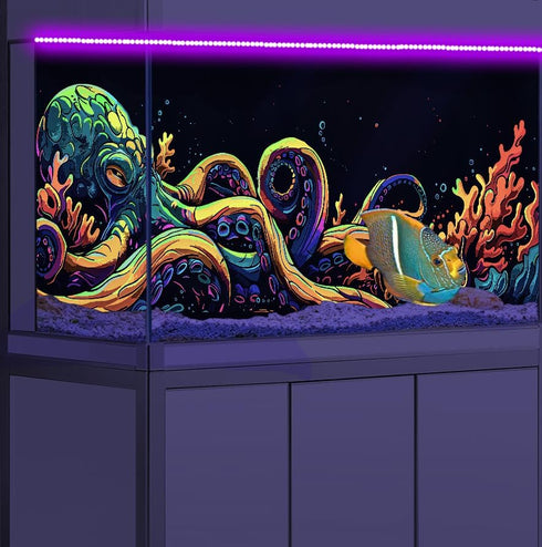 24X12IN Blacklight Octopus Sea Monster HD 3D Black Light Aquarium Background UV Reactive Background Terrarium Background with 10 EVA Double-Sided ...