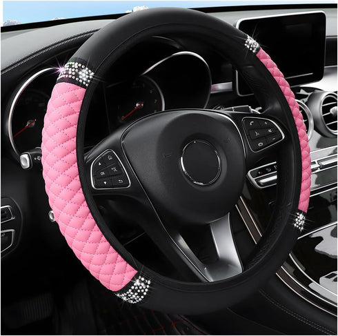 Bling Car Steering Wheel Cover, 15 Inch Rhinestones Soft Leather Elastic Steering Wheel Protector, Sparkly Crystal Diamond for Women Girls, Car In...