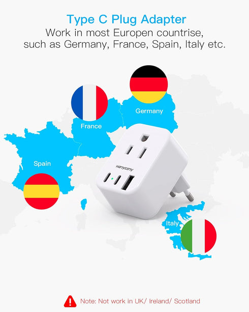 European Travel Plug Adapter USB C, International Plug Adapter, US to Europe Plug Adapter with 2 Outlets 3 USB Ports(2 USB C), Type C Power Adapte...