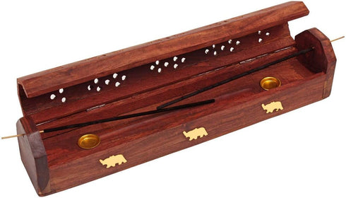 raajsee Beautiful Handmade Wooden Brown Incense Stick Holder Burner Storage Coffin Box - Ash Catcher with Brass Inlay -Home Utilities & Accessorie...