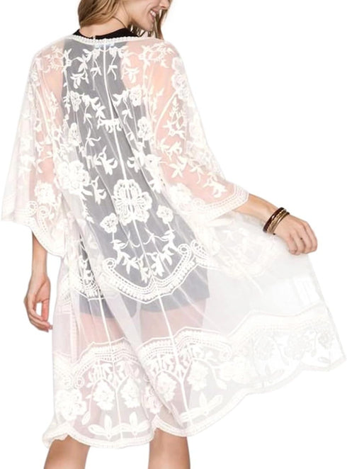 Romanstii Women's Lace Cardigan Floral Crochet Sheer Beach Cover Ups Long Kimono...