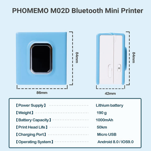Portable Mini Sticker Printer, M02D Portable Wireless Printer with 1 Roll Paper, Compatible with iOS Android, Pocket Printer for Small Business, B...