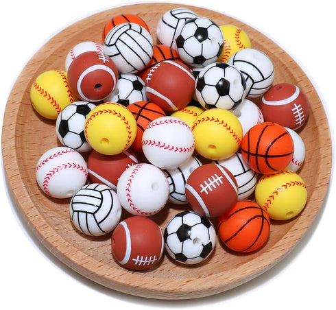 36pcs Silicone Beads for Pens Keychain Making 12mm Bulk Baseball Basketball Football Sport Focal Silicone Loose Beads Bracelet Necklace DIY Craft ...