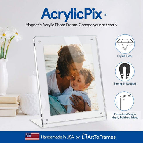 5x7 Acrylic Floating Picture Frame - Table Stand with Chrome Magnetic Front Cover to Easily Change Photos - Made in The USA...