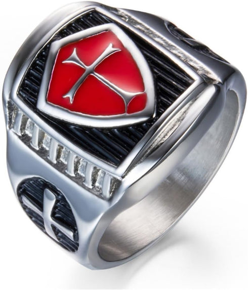 Men's Stainless Steel Ring Knight ring Templar Ring biker Crusader Cross masonic Red Size 10...