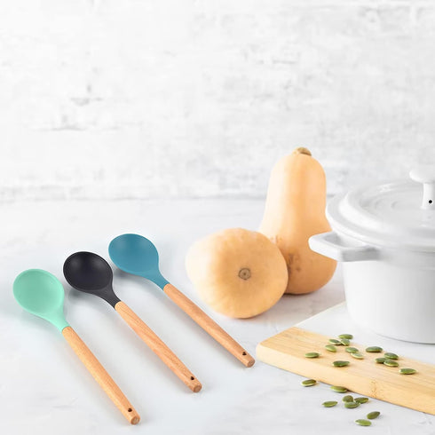 3 Pcs Large Silicone Spoon Wooden Handle Wood Handle Mixing Spoons Silicone Mixing Spoon for Cooking Baking Stirring Silicone Spoons Nonstick Heat...