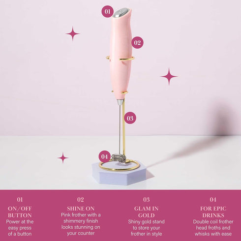 Paris Hilton Electric Handheld Milk Frother with Double Coil Head Whisk and Gold Metal Stand, Battery Powered (2 AA Batteries Required but Not Inc...