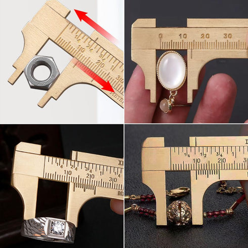 Brass Pocket Caliper with Double Scale Sliding Gauge Bead Measuring Tool Millimeter Gauge Mini Brass Vernier Caliper Brass Ruler, Gold Ruler for M...