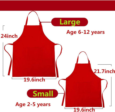 Kids Apron and Chef Hat Set, Adjustable Cotton Child Aprons with Large Pocket Red Girls Boys Kitchen Bib Aprons for Cooking Baking Painting...