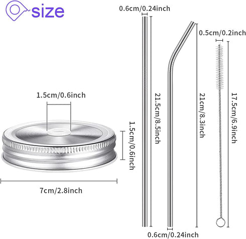 26 PCS Regular Mouth Mason Jar Lids With Straw Hole - 70MM Canning Caps for Drinking and Food Storage, Silver Tinplate With Silicone Ring, Straws,...