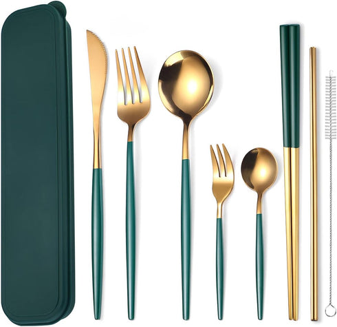 AARAINBOW 8 Pieces Stainless Steel Flatware Set Portable Reusable Cutlery Set Travel Utensils Set Including Chopsticks Knife Fork Spoon Straws Cle...