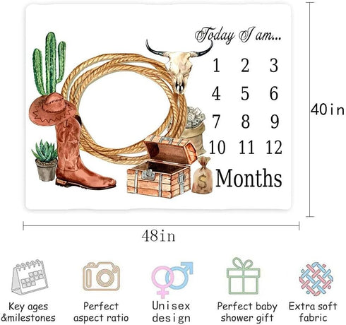 Western Cowboy Baby Monthly Milestone Blanket, 48x40in Rope Boots Hat Blanket Soft Flannel Newborn Baby Shower, New Mom Gift Baby Growth Chart Pho...