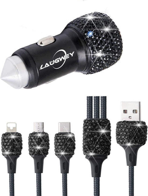 Bling Car Charger Accessories Set,Rhinestone Dual USB Car Chargers + Bling 3 in1 Nylon Braided Charging Cable,Bling Crystal Decoration Car Accesso...