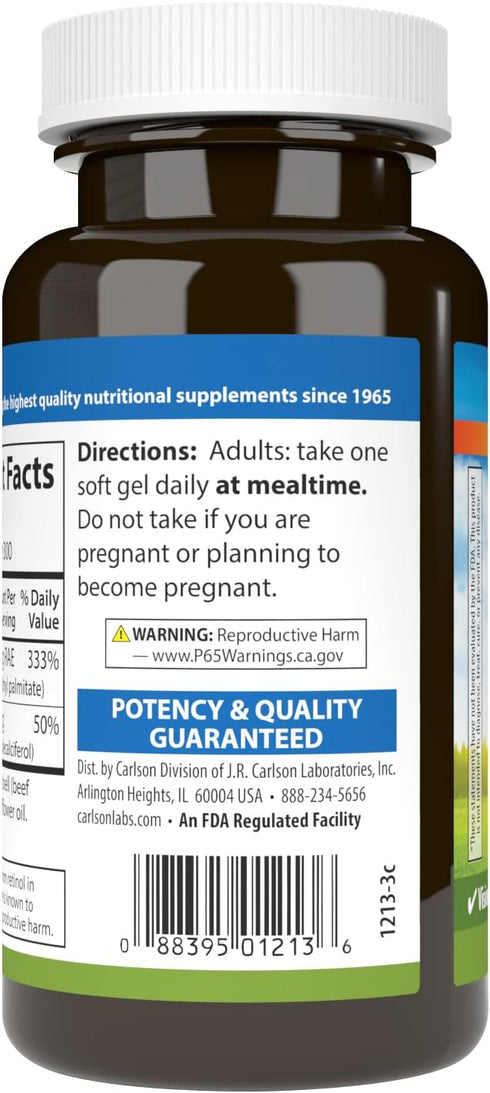 Carlson - A & D, 10000 IU (3000 mcg RAE) Vitamin A, 400 IU (10 mcg) Vitamin D3, Vision Support, Skin Health, 300 Soft Gels...