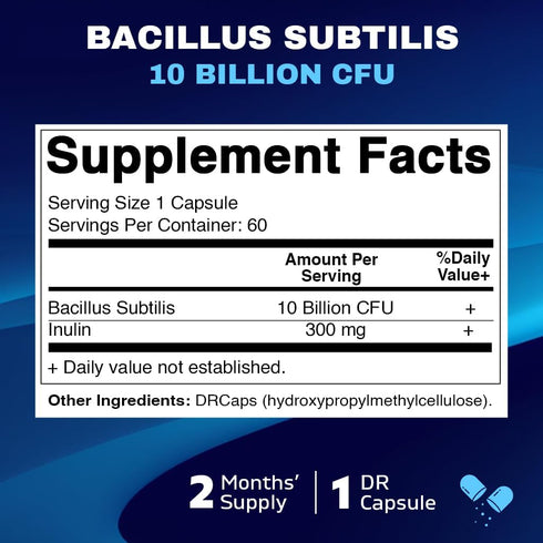 Vitamatic Bacillus Subtilis 10 Billion per DR Capsule - 60 Count - Digestive, Gut & Immune Health Support - Made with Prebiotic Inulin Fiber...