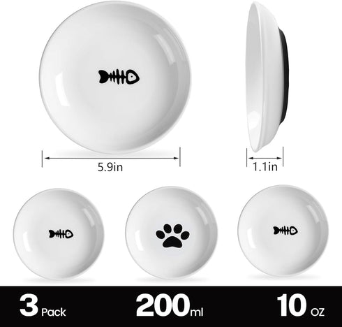 CSD Cat Food Bowl (3 Pack) - Ceramic Cat Bowls with Nonslip Silicone Bottom, Whisker Friendly, 200ml Capacity...
