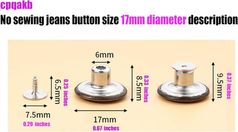 20 Pcs Button for Sewing Metal Jeans, 17 mm No-Sew Nailess Removable Metal Jeans Buttons Replacement Repair Combo Thread Rivets and Screwdrivers.(...