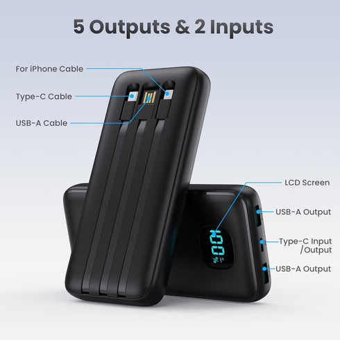 Portable Charger with Built-in Cables, Ultra Slim 13800mAh PD 3.0A USB-C Power Bank, LCD Display Battery Pack Compatible with iPhone 15/15 Plus/15...