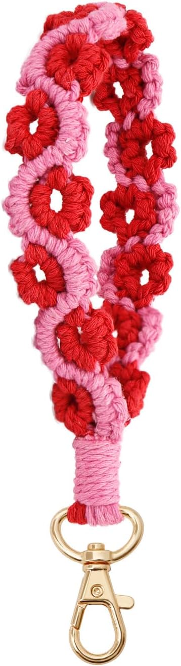Handmade Boho Macrame Keychain Soft Flower Pom Pom Wristlet Keychain Bracelet Keyring Holder Wrist Lanyard For Women...