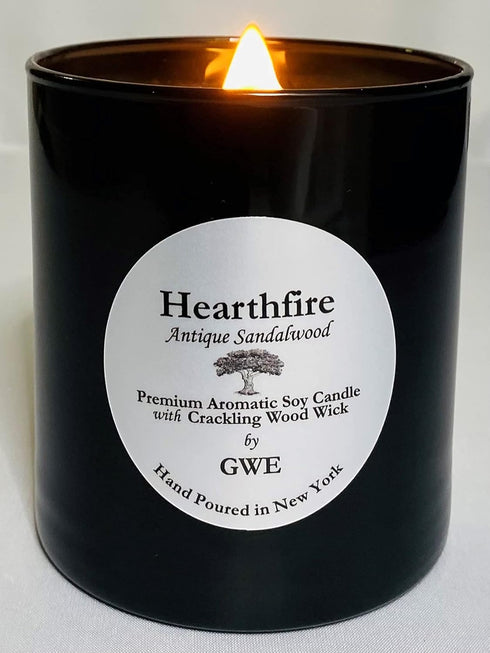 Hearthfire - Sandalwood Scented Soy Candle w/Natural Oils, Wood Wick, Smoky Dark Sweet, Made in The USA in Black Jar - Aromatherapy, Gifts for Hou...