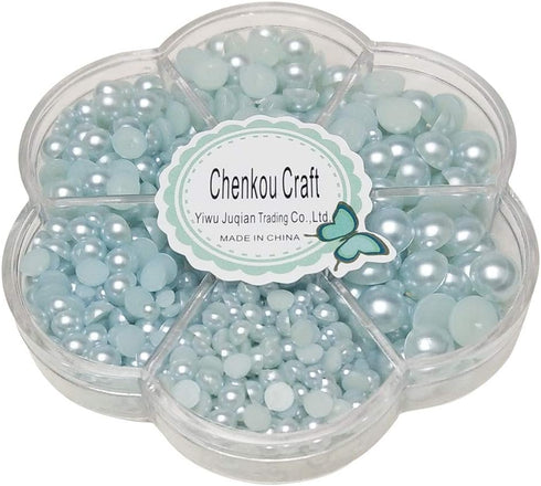 Chenkou Craft Random 1900pcs Assorted 7 Sizes(3/4/5/6/7/8/10mm) Blue Imitation Half Pearl Bead Flat Back Gem Scrapbook Craft DIY Loose Beads + Pla...