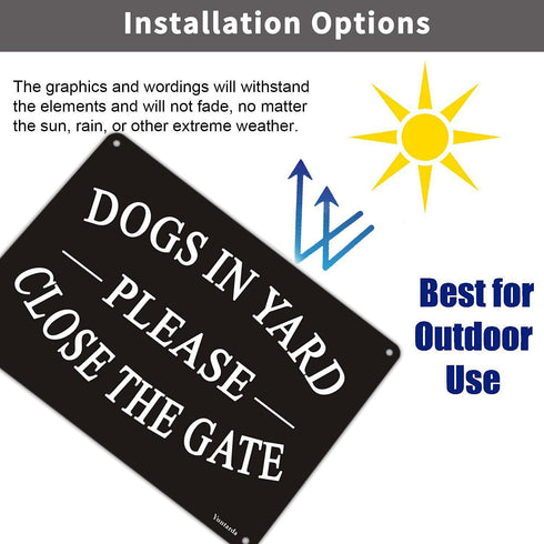 Dogs in Yard Please Close the Gate Sign, Yuntarda(2 Pack) 10x7inches Reflective Metal Signs 0.40 Aluminum Sign Pre-Drilled Holes For Easy Mounting...