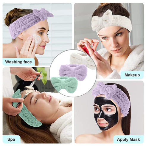Spa Headband – 3 Pack Bow Hair Bands Women Facial Makeup Headbands Soft Coral Fleece Elastic Head Wraps for Bathing Shower Skincare Washing Face (...