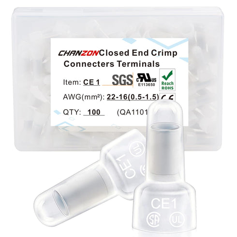 Chanzon Pure Copper Closed End Crimp Connector CE1 for 22-16 AWG Gauge Nylon(PA) Cap Insulated Core Splice Wire Crimping Terminal(100pcs)...