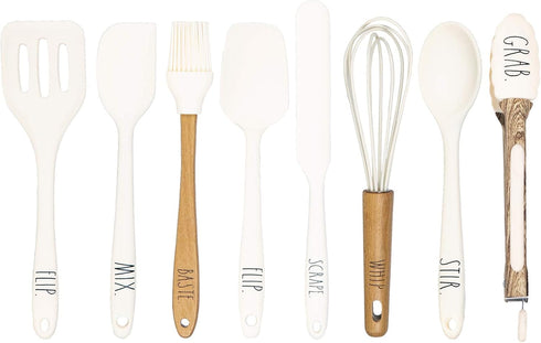 8 Piece MINI Silicone Kitchen Utensil Set- Kitchen Tools with Beechwood Handles by Cook with Color (White)...