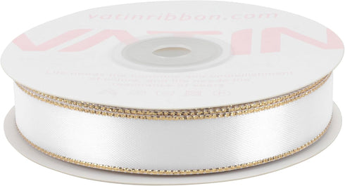 VATIN Double Faced Satin Ribbon 5/8 inch White with Gold Edge Continuous 25 Yards for Decoration, Craft, Gift Wrappping Wedding Card Decoration...