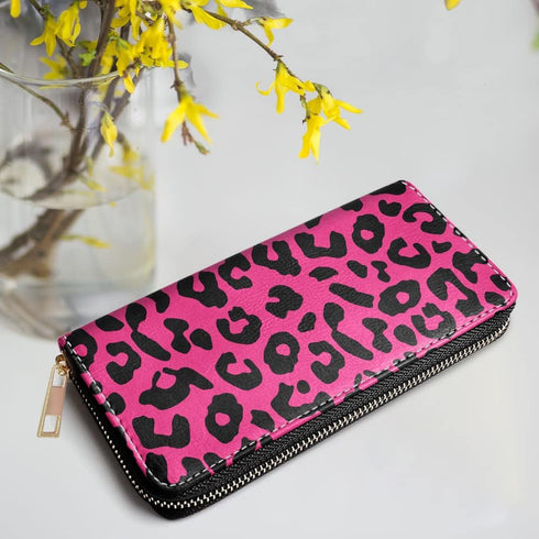 WIRESTER PU Leather Clutch Purse Card Holder Wallet, Zip Around Long Wallet for Women - Black Hot Pink Leopard...