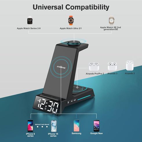 Wireless Charging Station - 4 in 1 Wireless Charger with Alarm Clock, Charging Stand Dock for iPhone 15/14/13/12/11/Pro/Max/XR/XS/X/Samsung Phone,...