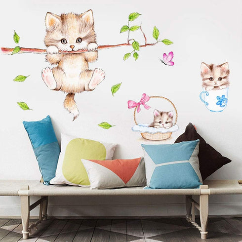 Kiddale Cute Cat Wall Decals,Removable Cat Tree Branches Butterfly Wall Stickers for Kids Rooms Nursery Playroom Home Decoration...
