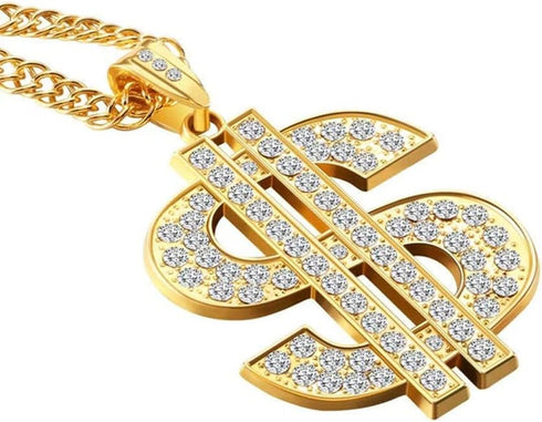Gold Necklace Chain for Men with Dollar Sign, Bling Gold Plated Hip Hop Dollar Necklace Pendant Rhinestone Jewelry Punk Style...