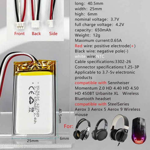 DC 3.7V 650mAh AHB622540N01 Rechargeable Lithium Battery for Sennheiser Momentum 2.0 HD 4.40 HD 4.50 450BT Urbanite XL Wireless Bluetooth Headphon...