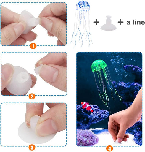 Lpraer 6 Pieces Glow Aquarium Ornaments Artificial Glow Floating Jellyfish Seahorse Anemones Silicone Simulation Fish Tank Decorations for Fish Ta...