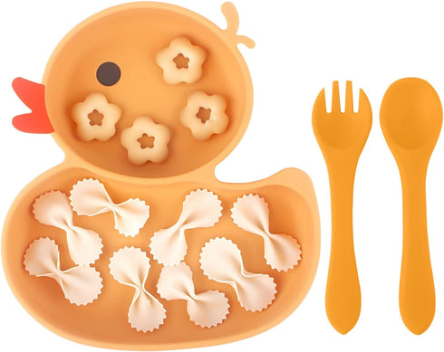 Powerful Suction Plates for Baby and Toddler,Baby Divided Plate,Thanksgiving Plates with Fork and Spoon,Duck Baby Plate Non-Slip,BPA Free,Microwav...