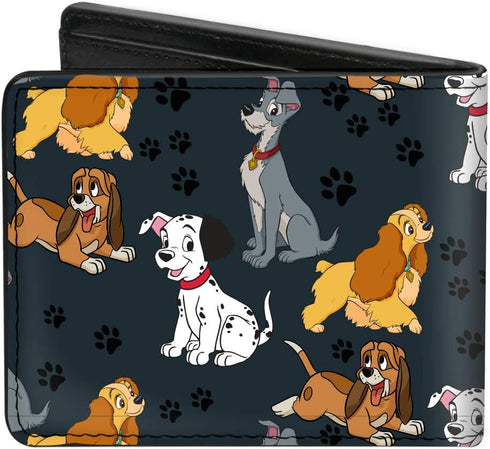 Buckle-Down Men's Wallet, Bifold, Group Collage Paws Gray Black, Vegan Leather, Disney Dogs Collection, 4.0" x 3.5"...