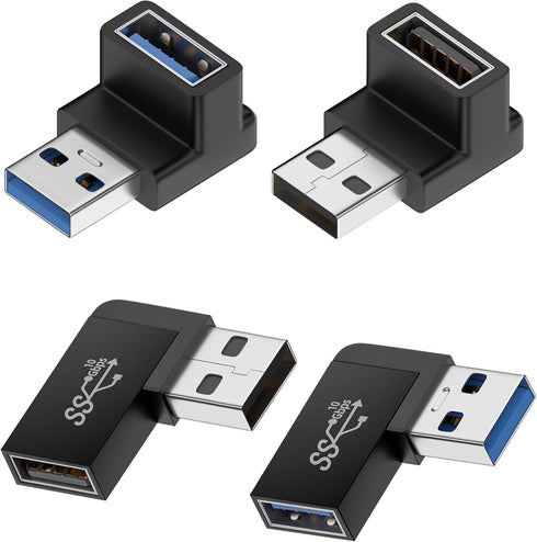 90 Degree USB 3.0 Male to Female Adapter, (4 Pack) Up and Down & Left and Right Angle USB A Extender Connector for PC, Laptop, Hard Drive, Keyboar...