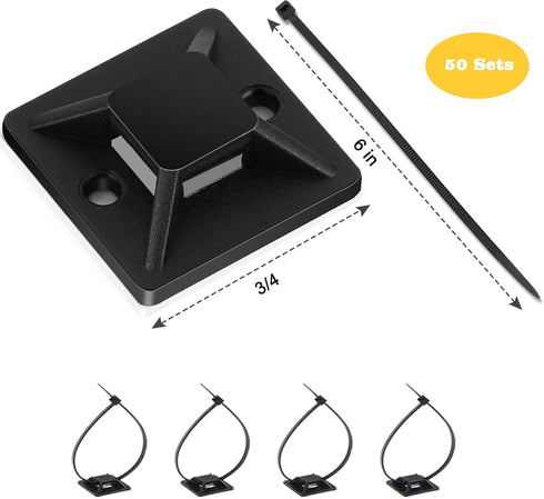 50 Sets Cable Zip Tie Mounts Kit with Self Adhesive 3/4" Wire Holder Squares, Black 6" Zip Ties,Sticky Cable Clips and Fasteners for Management an...