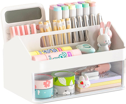 SAYEEC Desk Organizer with Drawer, Cute Pencil Pen Holder with Handle and 6 Compartments, Multi-Functional Makeup Organizer Storage Box, Desktop A...