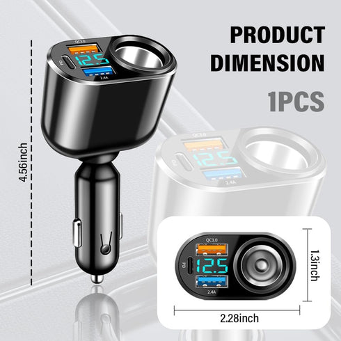 4-in-1 Fast Car Charger for QC3.0+PD+2.4A+Cigarette Lighter,Car Cigarette Lighter USB Charger with LED Digital Display,Universal Car Charger Adapt...