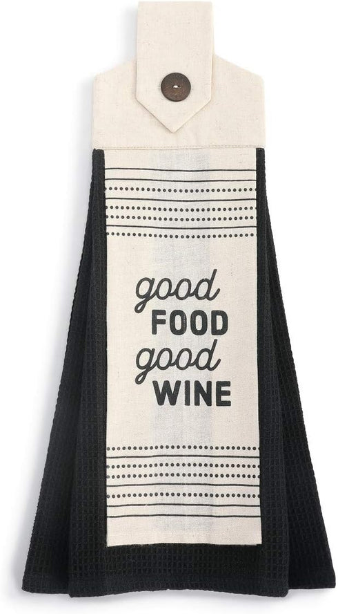DEMDACO Good Food Good Wine Black 20 x 6 Cotton Fabric Button Loop Dish Tea Towel...