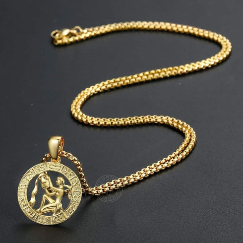 Gold Plated Zodiac Sign Pendant necklace for Women Men Leo AriesConstellation Horoscope Pendant Stainless Steel Box link Chain 22inch...