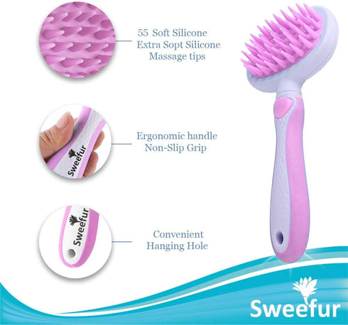 Pet Massage Brush, Soft Silicone Shower Brush for Massage Dogs and Cats- Comfortable Handle Bath Brush for Shedding- Gentle Massage Pet Comb- Pink...