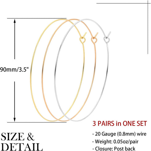 1mm Thin Extra Large Hoop Earrings?3 Pairs Set 90mm Huge Gold Hoops 18k Gold Plated Stainless Steel Big Gold Hoop Earrings for Women Girls...