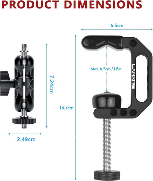 Camera Mount Clamp with Mini Magic Arm - 1/4" and 3/8" Threaded Holes - for Camera, Action Camera, Flash, Light, Microphone, Camera Clamp Adapter ...