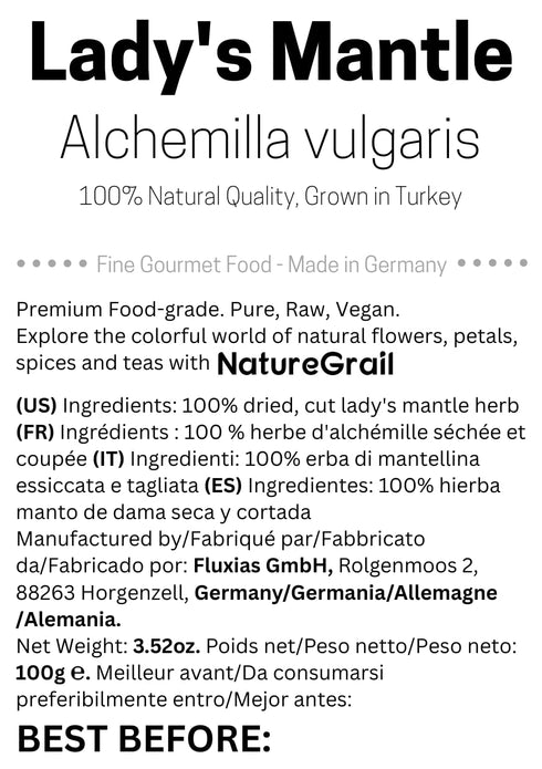 Lady's Mantle Tea - Dried, Cut Alchemilla vulgaris Herb - Fine Gourmet Grade, All Natural Quality Lady Mantle - Net weight: 3.52oz/100g...