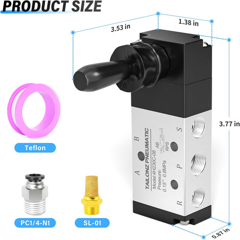 TAILONZ PNEUMATIC 1/4"NPT 5 Way 3 Position Air Hand Lever Operated Valve Pneumatic Solenoid Valve Manual Control Push-Pull 4H230-08C...