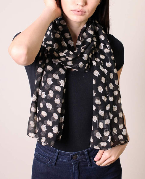 Women's Cute Meow Cat Print Scarf, Black, Silky Soft, Sheer, Pretty, Cat Gift...